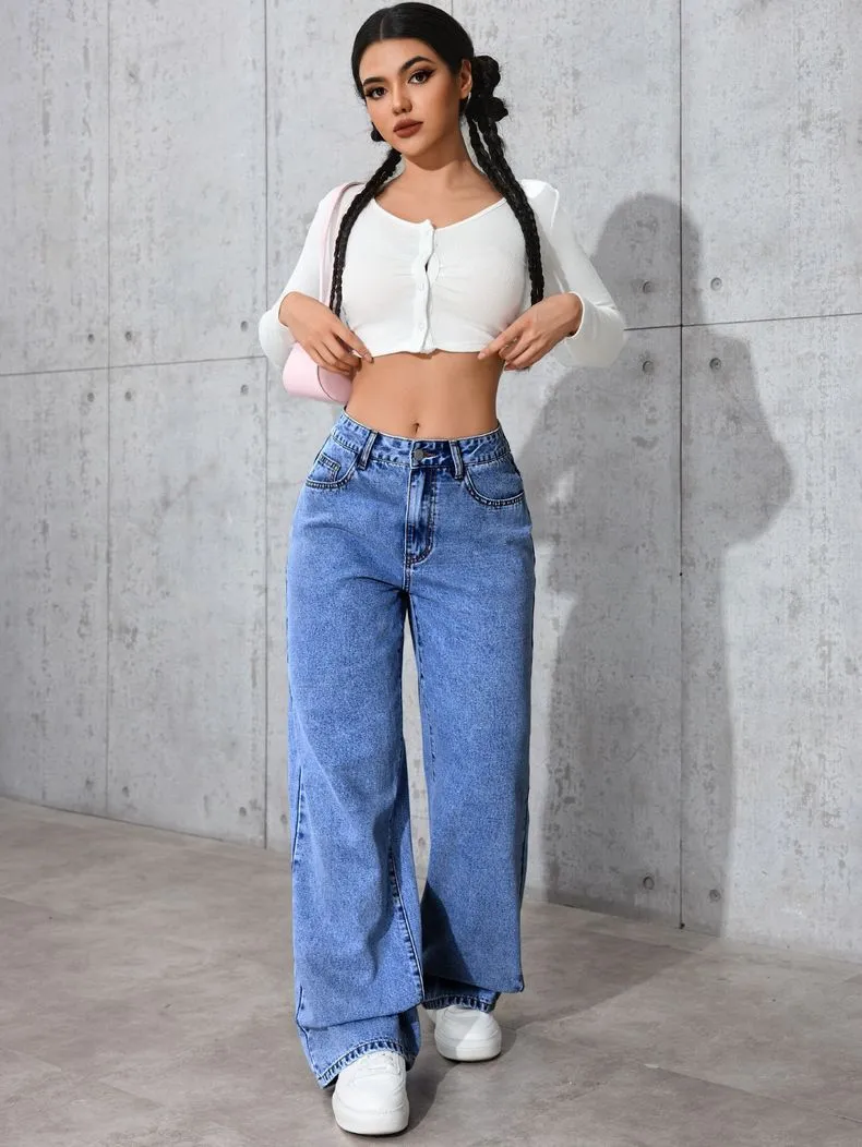 Novas Calças Jeans Fashionáveis para Mulheres de Cintura Alta, Perna Reta, Soltas e Casuais