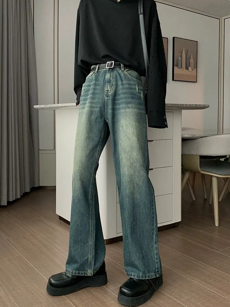 Calças Jeans Masculinas de Alta Qualidade, Perna Larga, Lavadas, Cor Azul, Denim para Homens