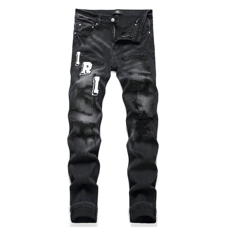Fábrica de Dropshipping Atacado Personalizado Logotipo de Marca Alta Qualidade Amiriy Jeans Skinny Esticados com Patches Bordados para Homens AMR Jeans