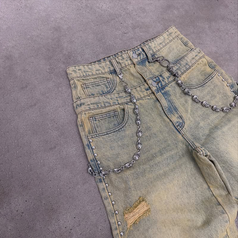 Calças Jeans Masculinas Baggy de Cintura Alta Lavagem Ácida Vintage de Perna Larga Desgastadas em Denim