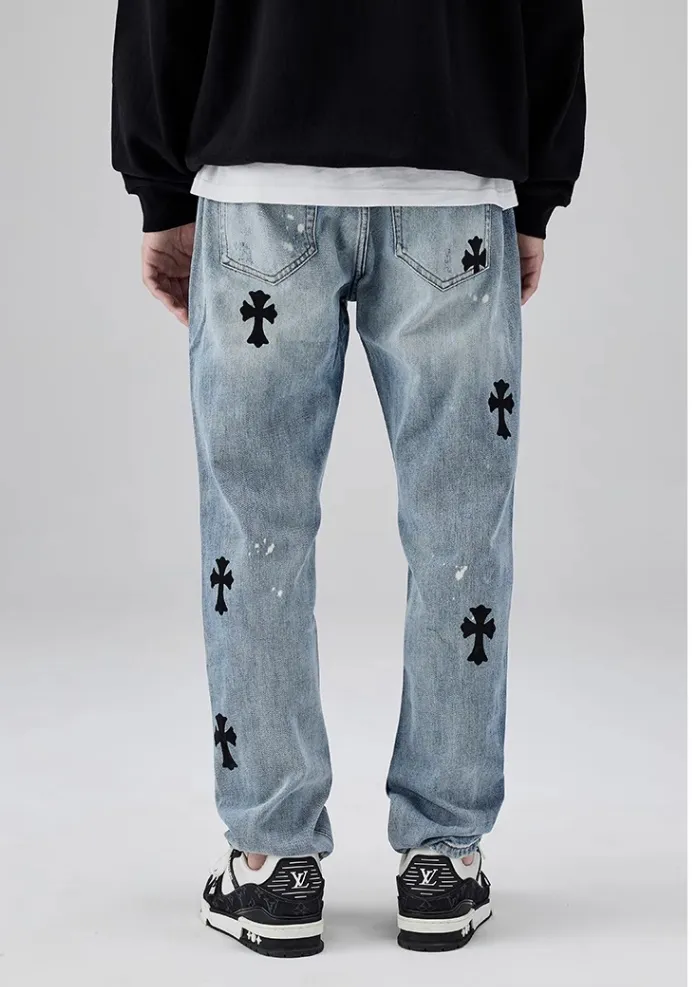Jeans de Denim com Bordado, Lavagem, Corte Reto e Relaxado para Homens