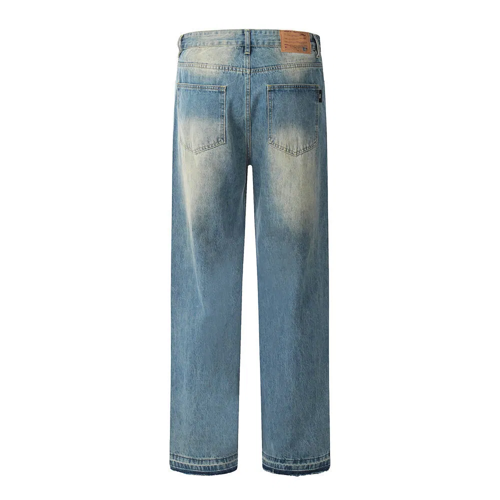 Calças de trabalho de alta qualidade com logo personalizado, lavagem ácida, moda de rua, corte reto e solto, jeans masculinos
