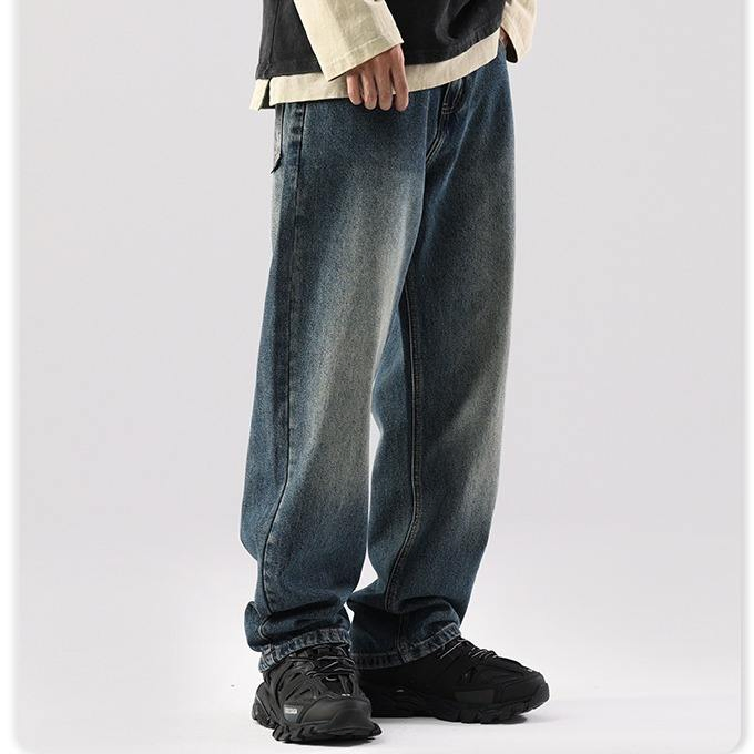 Calças largas versáteis de drapeado para homens estilo americano, tamanho grande, jeans vintage lavados estilo japonês
