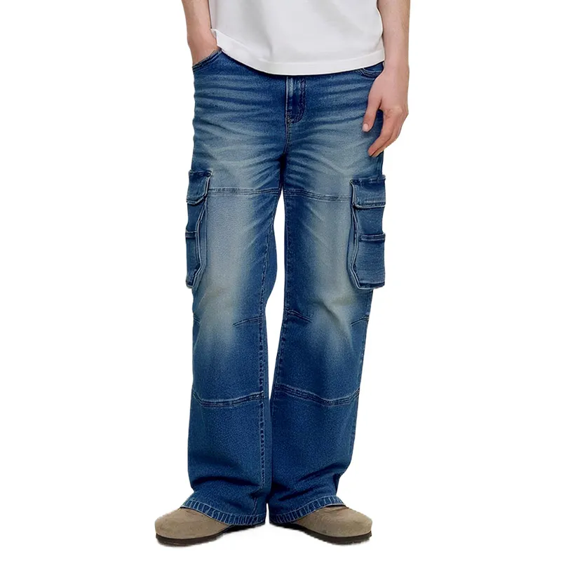 Fabricante Chinês Personalizado Calças Jeans Cargo Masculinas Azuis Largas com Grandes Bolsos Laterais Calças Longas