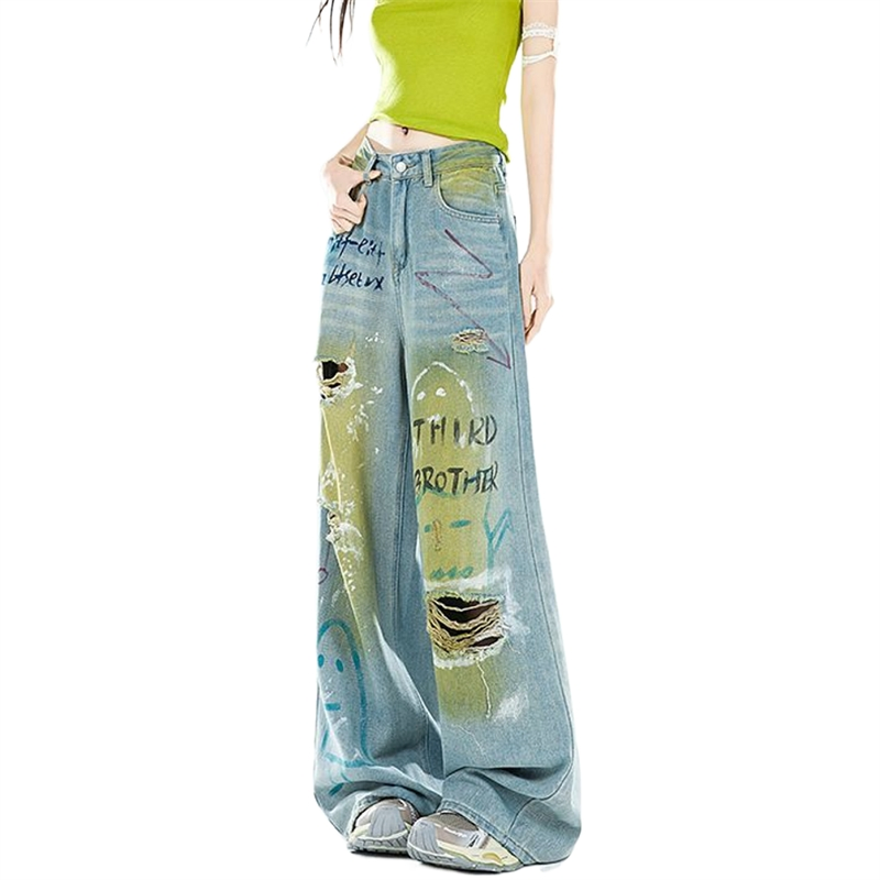 Verão Novo Estilo Impressão de Letras Design Relaxado Único Ajuste Solto Calças de Mendigo Calças de Denim Femininas Jeans Femininos Calças Rasgadas