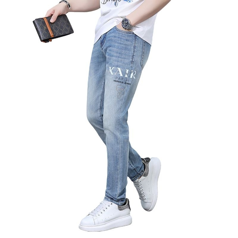 Calças Jeans Casuais Slim Fit para Homens de Cintura Alta Respirável Clássicas Estilo Hip Hop Cinza Carvão Letra Outono Verão Primavera