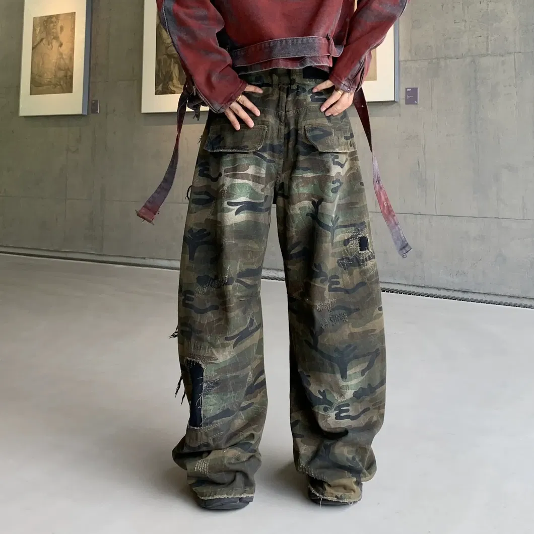 Calças de Camuflagem em Patchwork Retro American Street para Homens 1