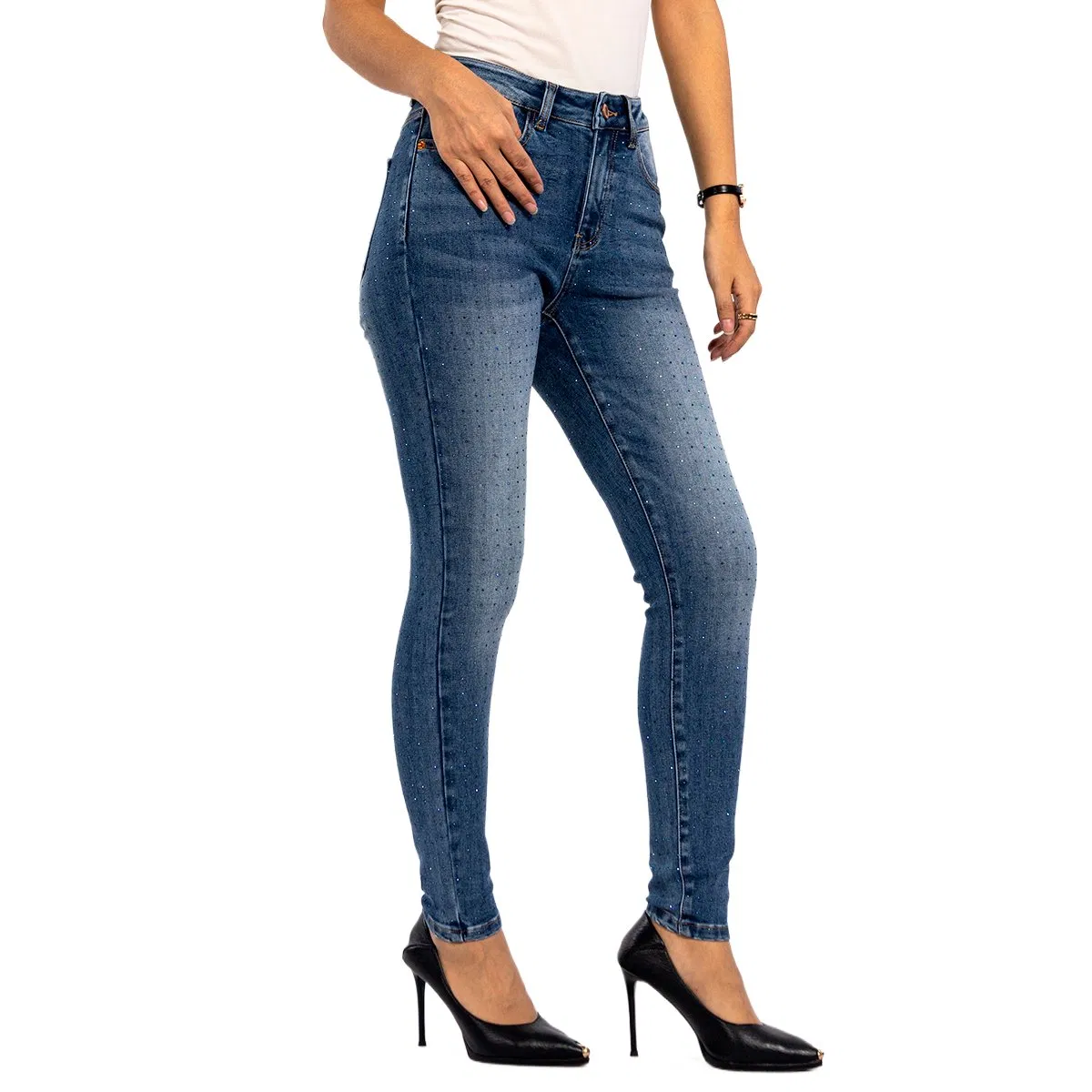 Calças de Denim Casuais Azul Marinho com Lantejoulas Skinny de Cintura Alta para Mulheres Trendy