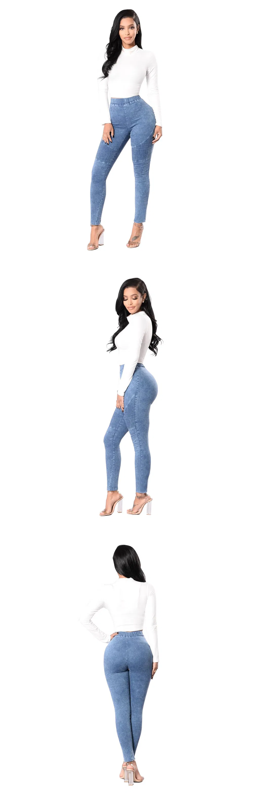 Calças Jeans Femininas de Cintura Alta no Atacado, Jeans Justos com Calças Plissadas
