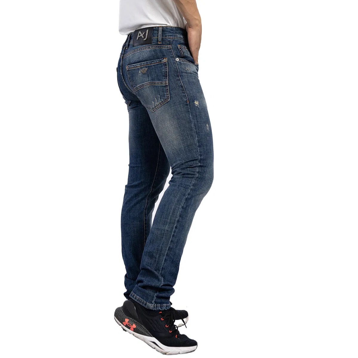 Jeans casuais masculinos de design rasgado em denim azul lavado europeu e fashionável