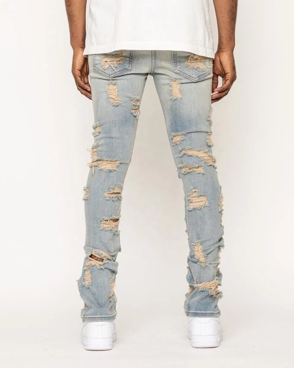 Calças jeans empilhadas rasgadas vintage para homens