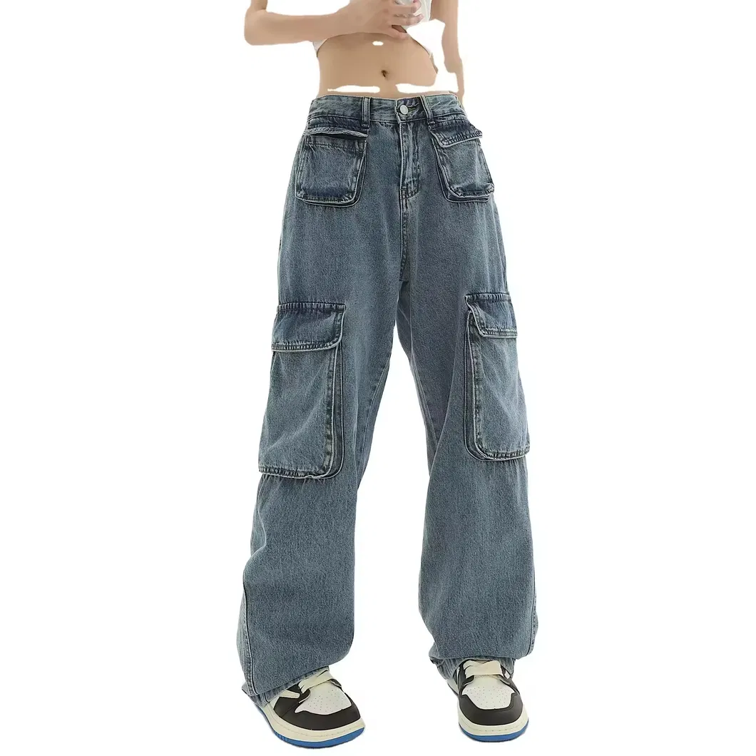 Calças jeans desgastadas, desfiadas e largas para mulheres, com múltiplos bolsos, estilo reto e solto, tendência hip-hop, respirável