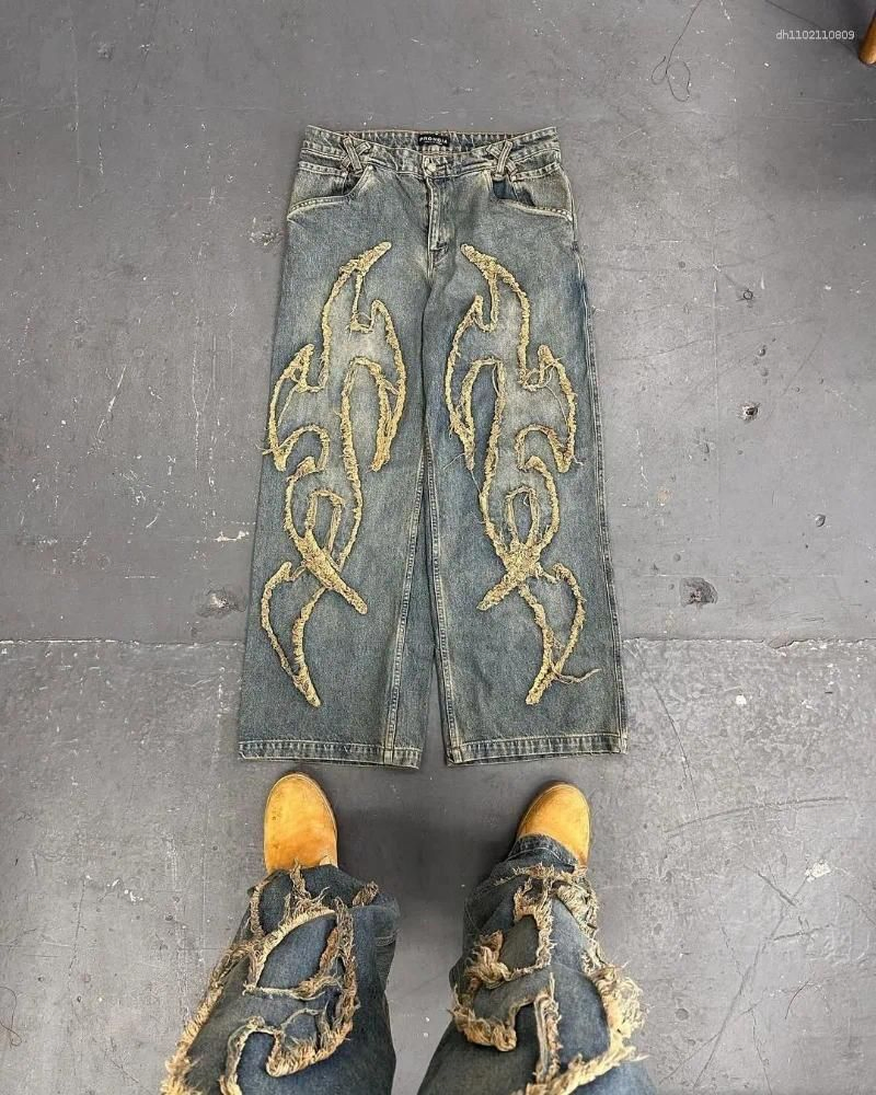 Y2K Jeans Masculinos Bordados Harajuku Hip Hop, Vintage, Corte Solto, Cintura Alta, Streetwear Gótico, Estilo Vintage, Perna Larga para Uso Casual e Fashion
