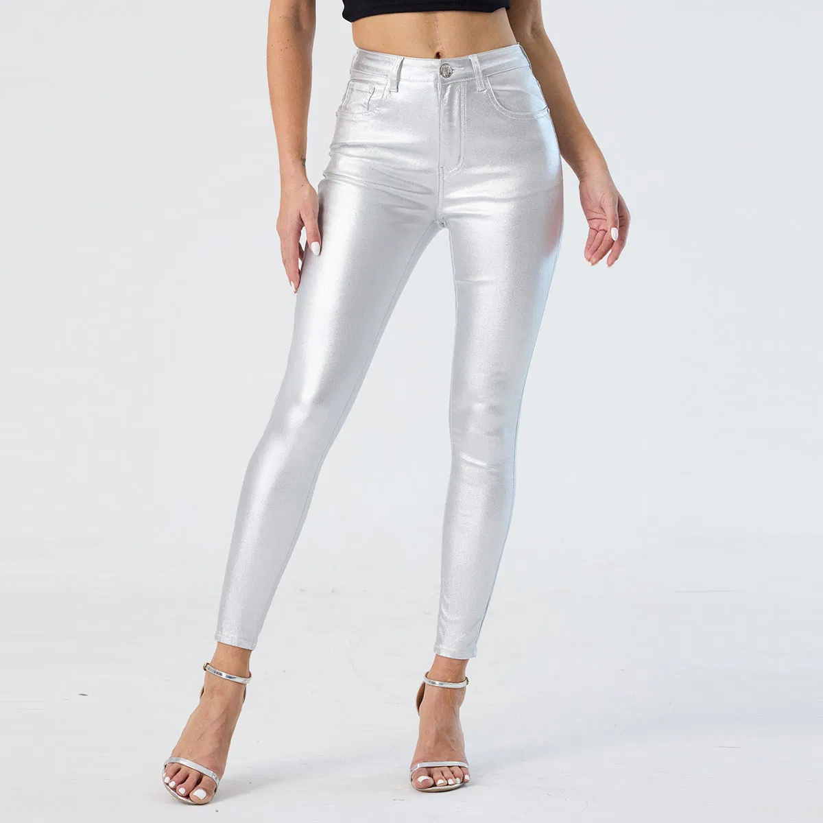 Leggings Prateadas Personalizadas de Cintura Alta, Tendência Feminina, Calças Skinny Casuais