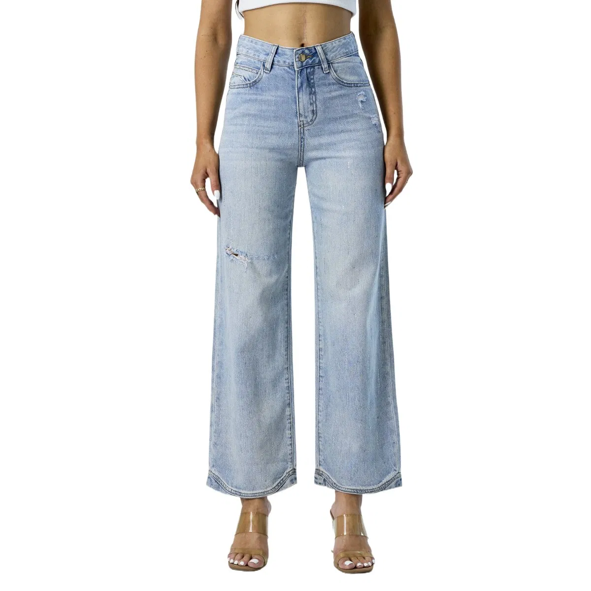 Calças de jeans mom de cintura alta, azuis, lavadas, soltas e casuais, com barra curvada para mulheres