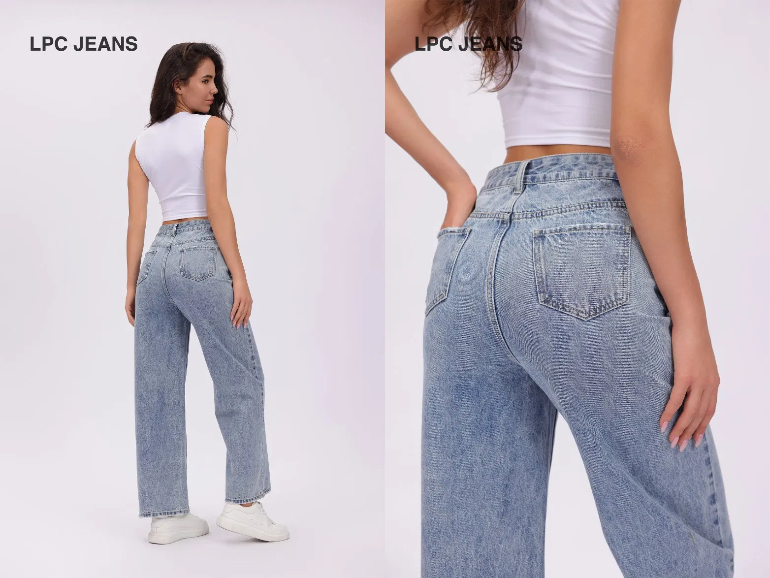Calça Jeans Retas de Denim Azul Claro com Tendência de Mistura