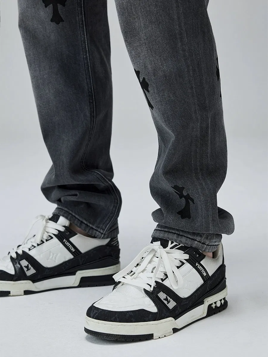 Jeans de Denim com Bordado, Lavagem, Corte Reto e Relaxado para Homens