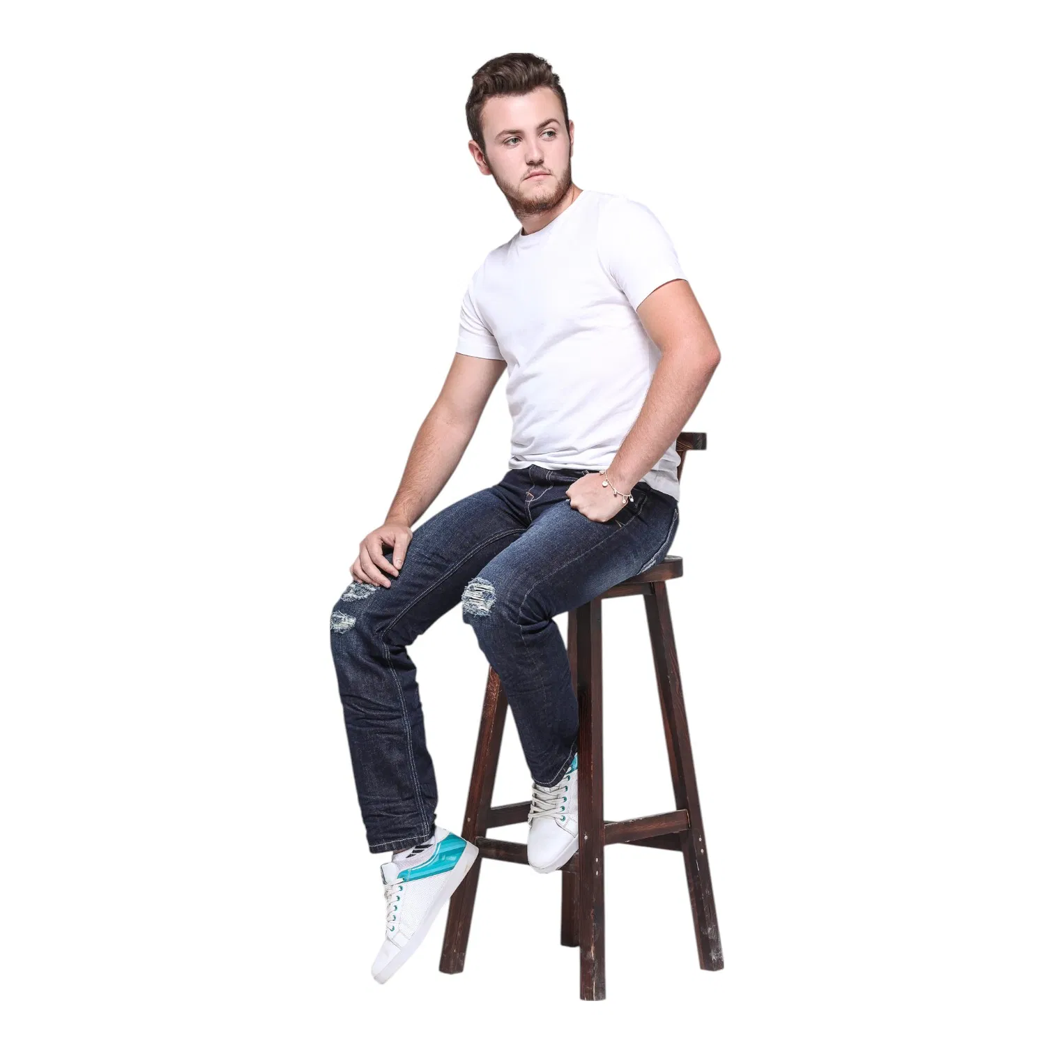 Jeans Mtm com Design Azul Médio Lavado Vintage e Costura em Contraste para um Apelo Atemporal