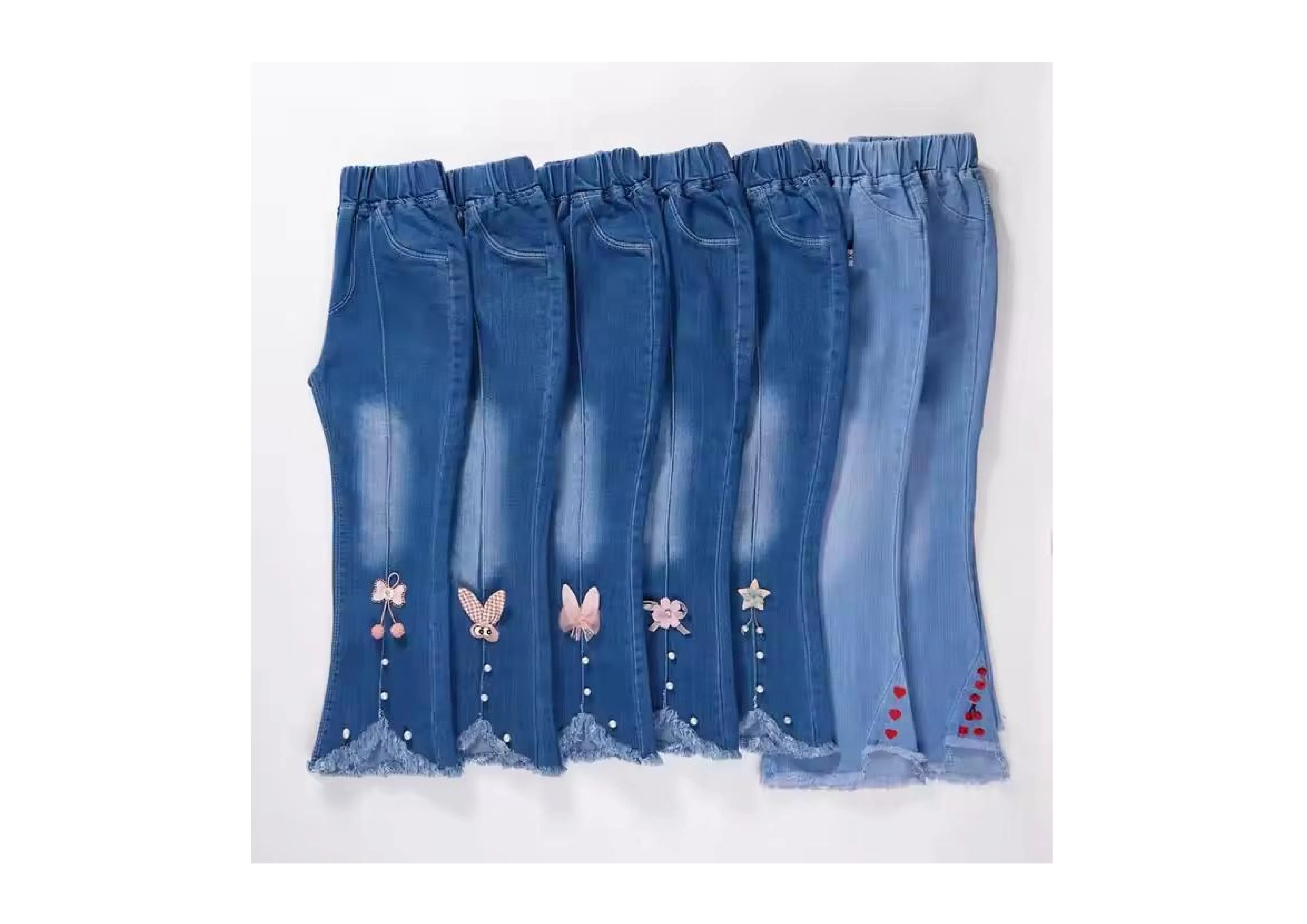 Novos Jeans Infantis Esticáveis - Jeans Flare Azuis com Laço Bonito e Casual, Adequados para Meninas Adolescentes com Idade 3-12. Decoração em Bordado, Corte Solto
