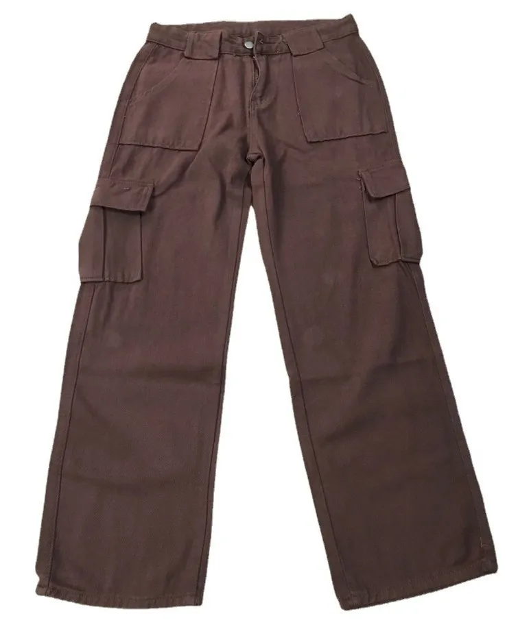 Calças jeans casuais soltas de cintura média com costura de bolso para mulheres