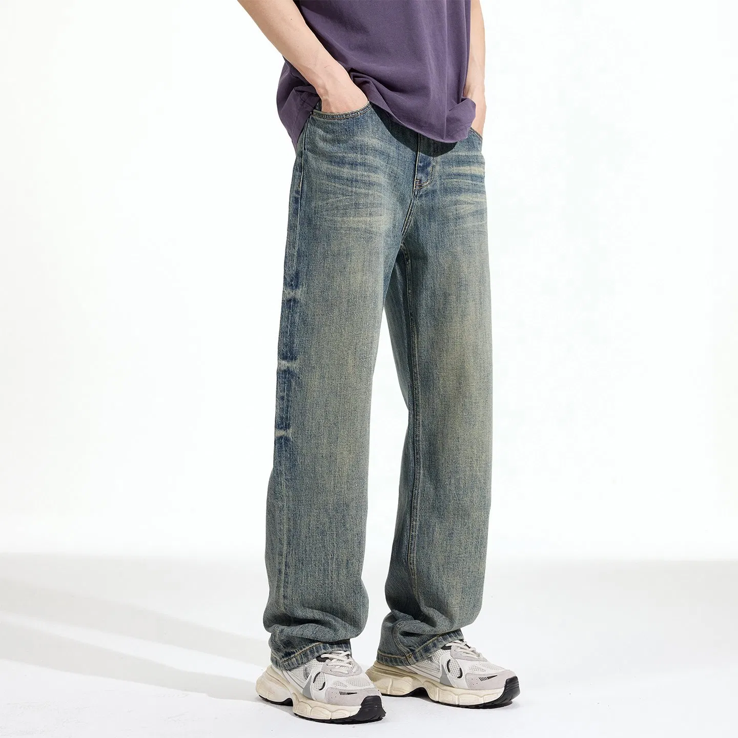 Fabricante de Calças Jeans Masculinas Calças Jeans Lavagem com Água Sanitária Detalhe de Desgaste Ajuste Relaxado B2b Fornecedor Fabricante