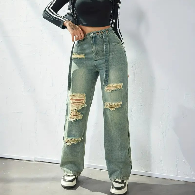 Calças Jeans Vintage Baggy Azuis de Perna Reta Rasgadas com Efeito Desgastado Ajustadas para Menina