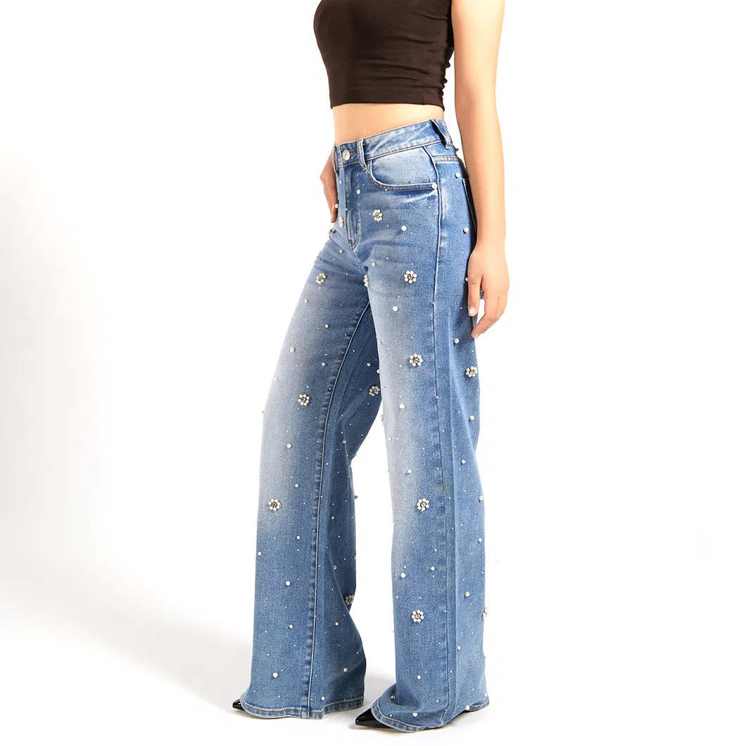 Fabricante de Guangzhou Calças Jeans Femininas Azuis de Cintura Alta e Perna Larga Personalizadas