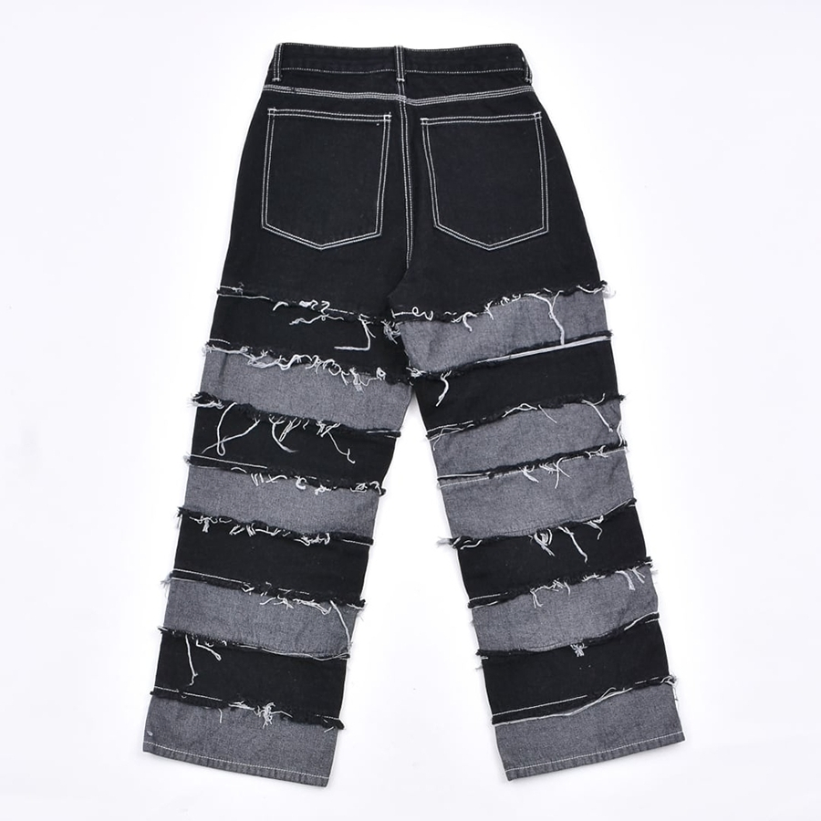Calças jeans skinny de denim preto em patchwork listrado com acetato para homens