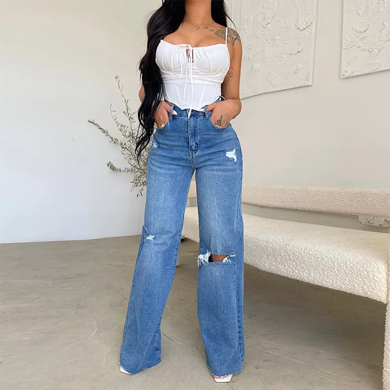 Calças de Jeans Femininas Atacado, Calças para Mulheres, Jeans Rasgado com Barra Desfiada, Moda Feminina, Jeans Baggy