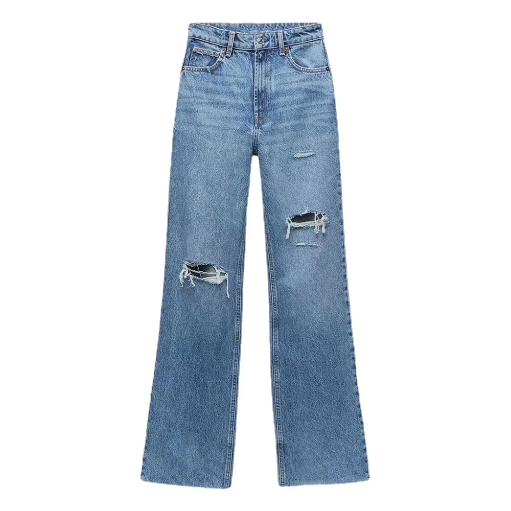Personalize Calças de Denim Soltas para Mulheres da Nova Moda, Cintura Alta, Lavadas, Rasgadas em Algodão Y2K Jeans