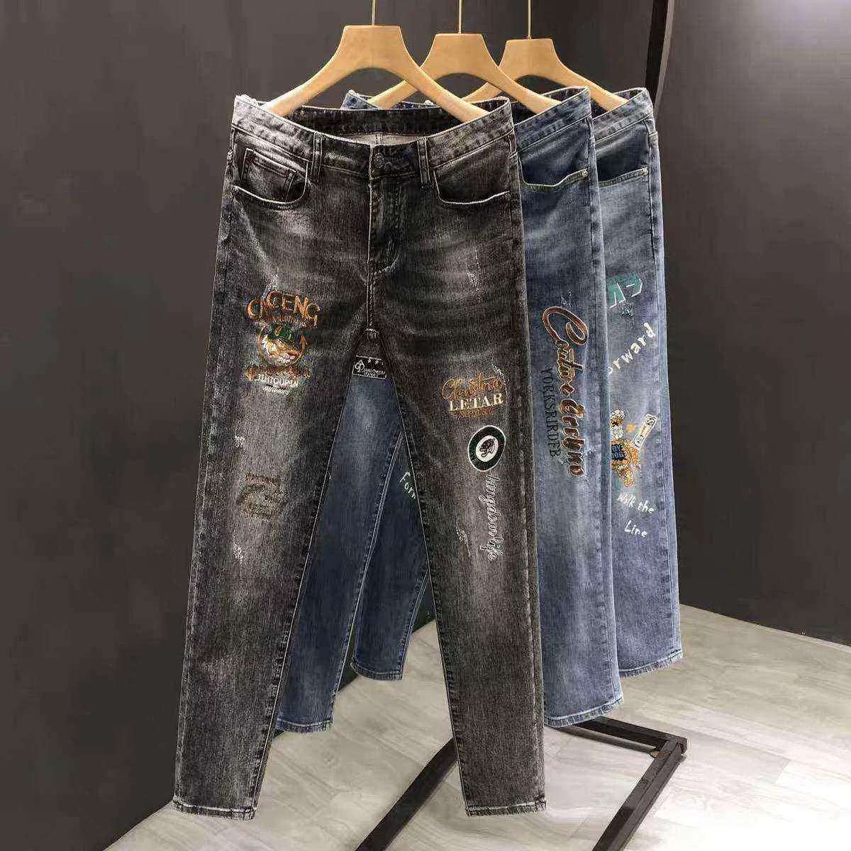 Calças Jeans Masculinas Ajustadas Stonewashed Vintage Respirável de Cintura Média e Perna Reta
