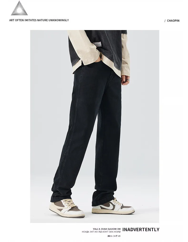 Calças Casuais Masculinas Jeans Pretos Stretch de Cintura Alta, Soltas e Afinadas