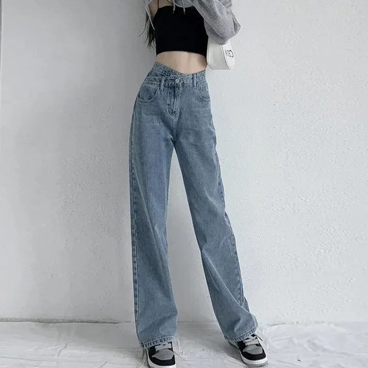Calças Jeans Femininas Azuis de Cintura Alta Casuais Respiráveis com Franjas Largas
