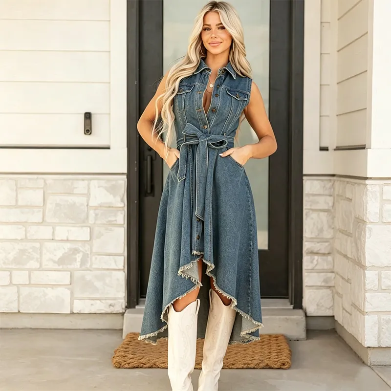 Vestido MIDI de mulher sem mangas estilo ocidental, com lapela, botão frontal, cinto de amarração na cintura, barra irregular assimétrica com franjas e bolsos, vestido casual de jeans estilo cowgirl