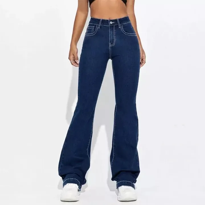 Calças Jeans Femininas Azuis de Cintura Alta Casuais Respiráveis com Franjas Largas