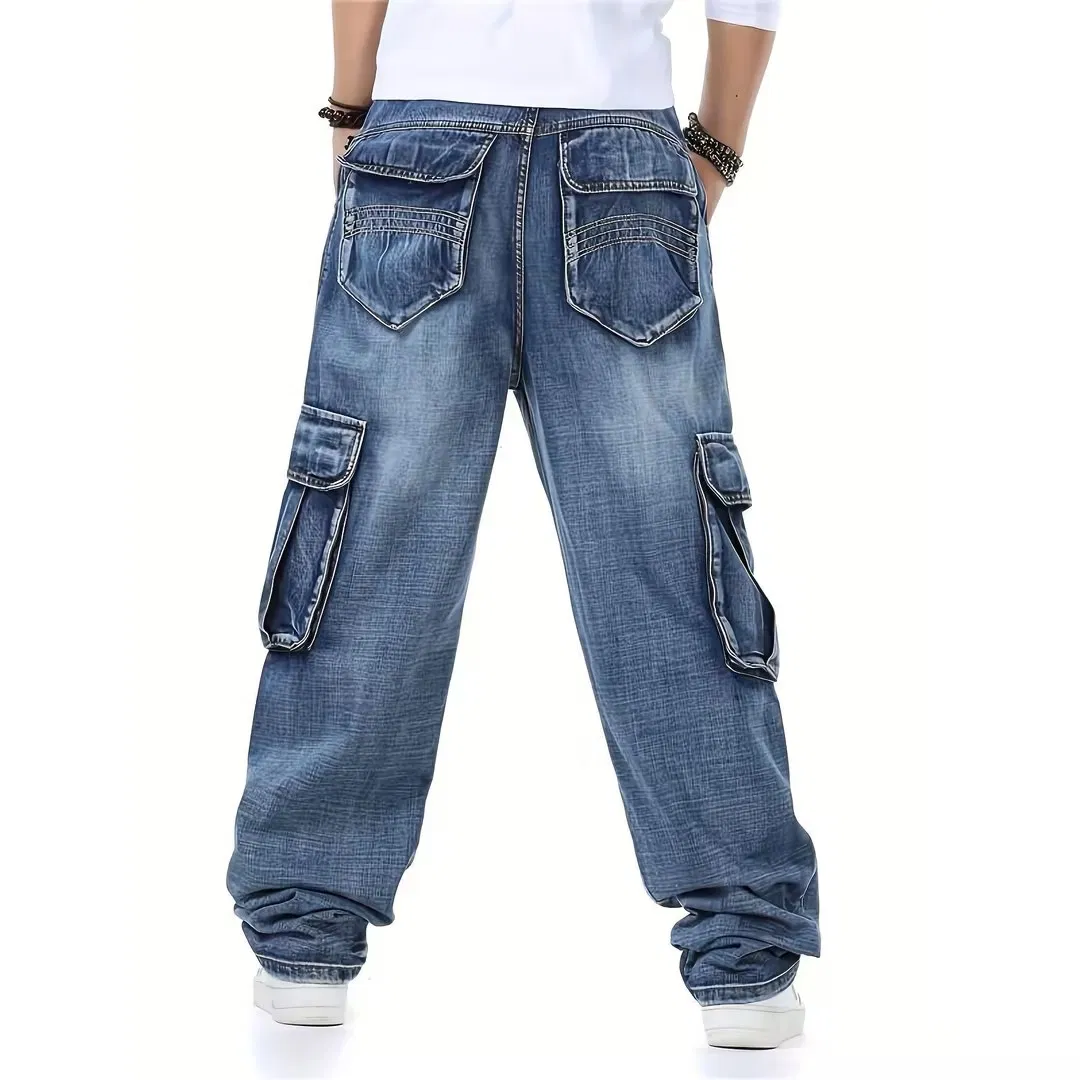 Calças de Trabalho Jeans de Hip Hop Casuais Masculinas Largas com Bolsos Cargo