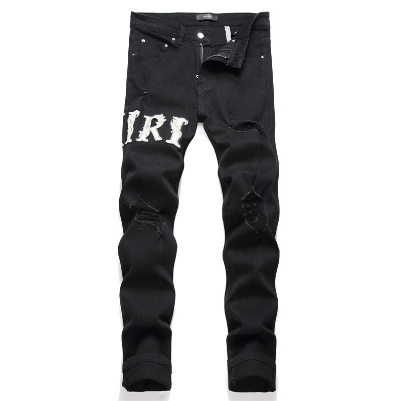 Fábrica de Dropshipping Atacado Personalizado Logotipo de Marca Alta Qualidade Amiriy Jeans Skinny Esticados com Patches Bordados para Homens AMR Jeans