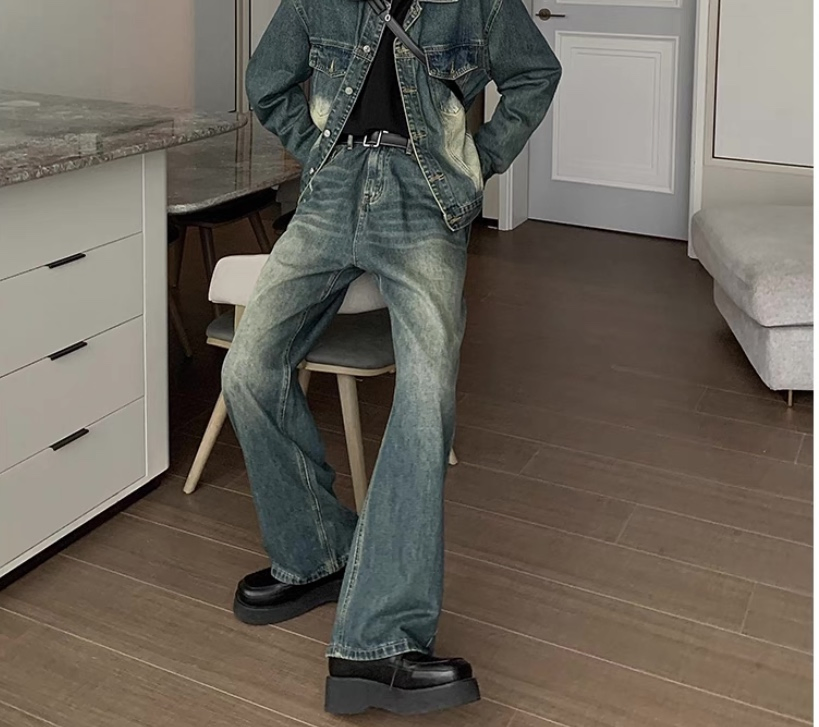 Calças Jeans Masculinas de Alta Qualidade, Perna Larga, Lavadas, Cor Azul, Denim para Homens