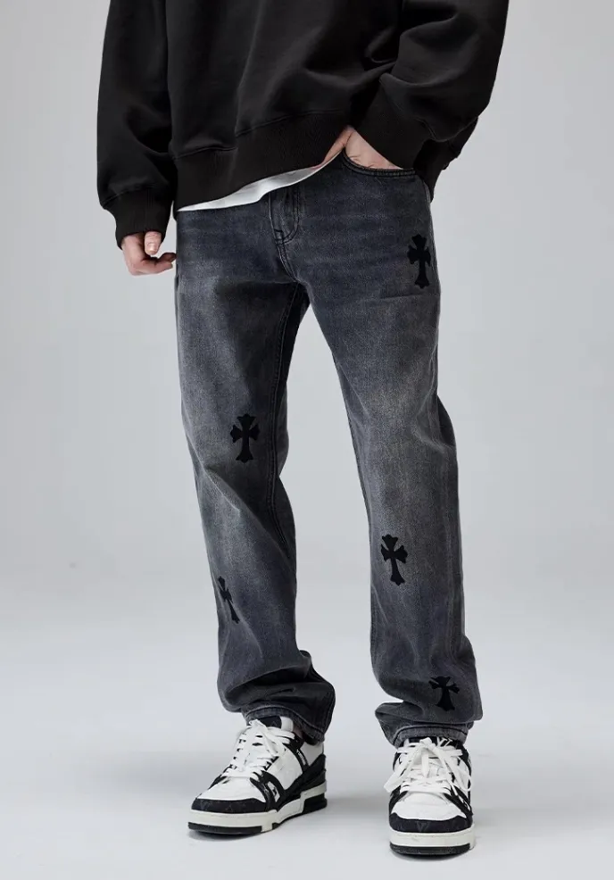 Jeans de Denim com Bordado, Lavagem, Corte Reto e Relaxado para Homens