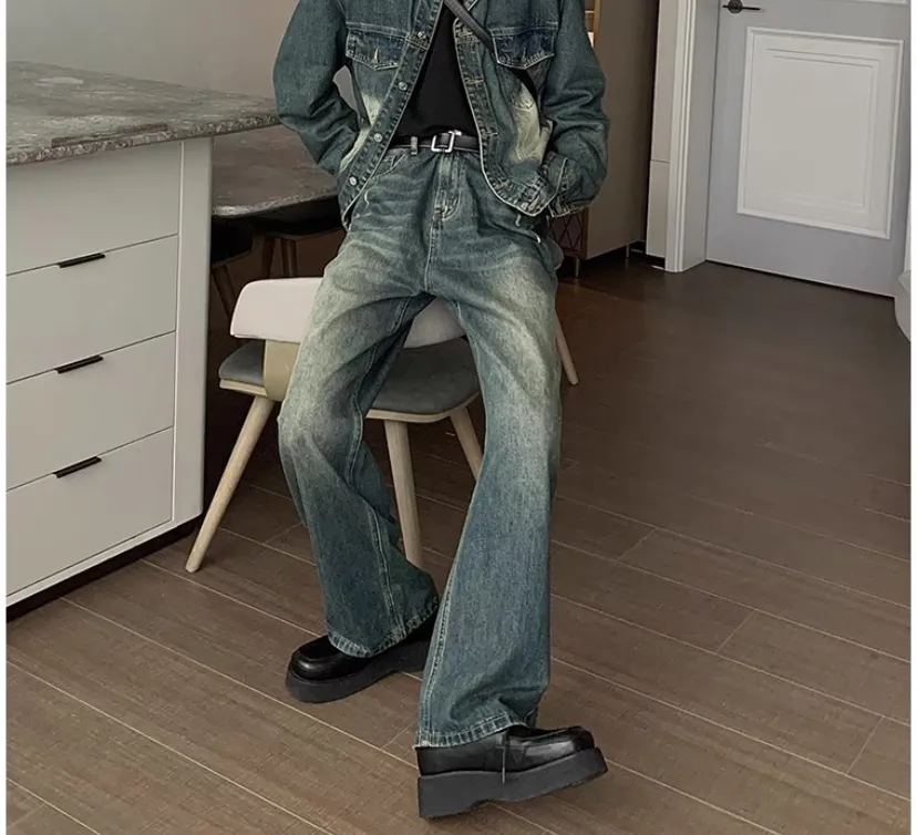 Calças Jeans Masculinas de Alta Qualidade, Perna Larga, Lavadas, Cor Azul, Denim para Homens
