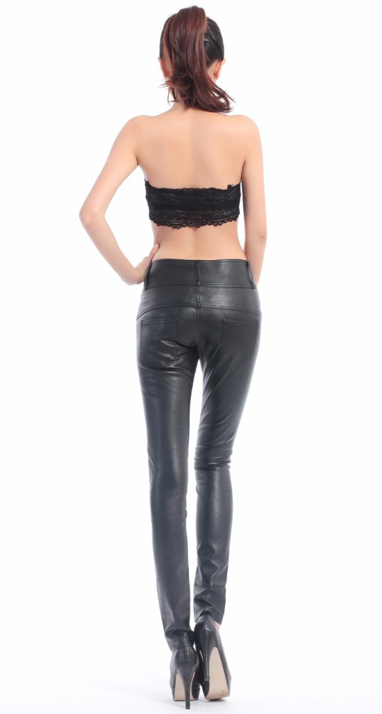 Calças Skinny de Couro Brilhante para Mulheres, Moda de Alta Qualidade, com Zíper em PU