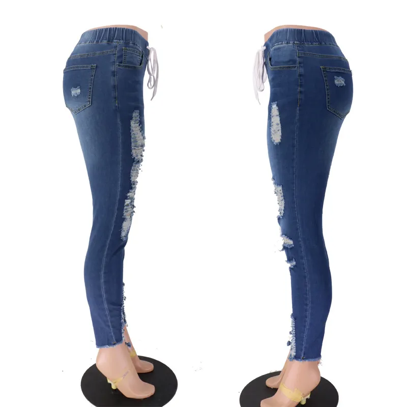 Calças de Moda Azuis Rasgadas Com Buracos Stretch para Mulheres Jeans Femininos; S Jeans