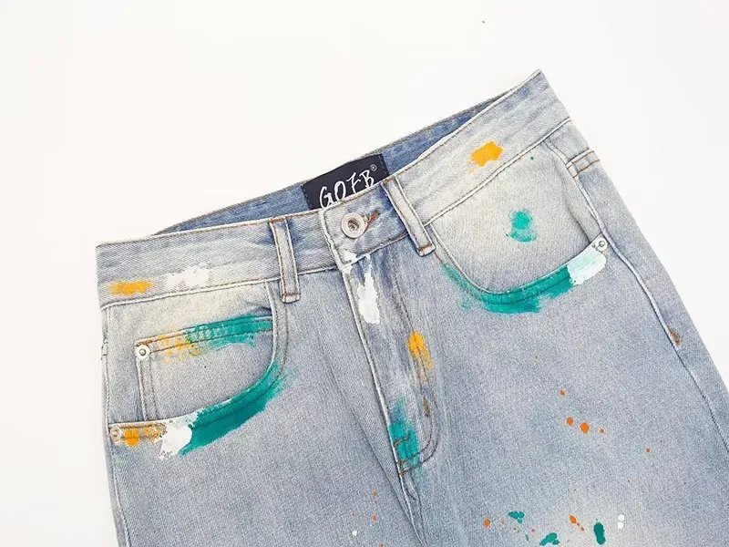 Calças de Tecido Splash-Ink de Hip Hop Retro Americana para Homens, Soltas, Retas e Micro Flare
