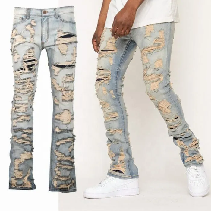 Calças jeans empilhadas rasgadas vintage para homens