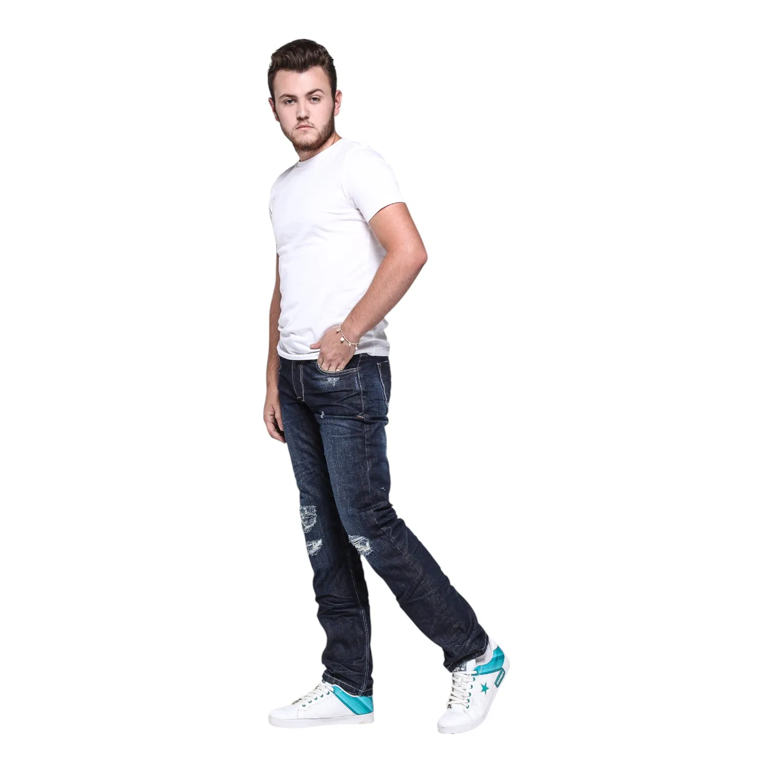 Jeans Mtm com Design Azul Médio Lavado Vintage e Costura em Contraste para um Apelo Atemporal