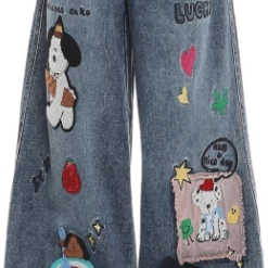 Calças de Jeans Bordadas em Patches de Estilo Americano Divertido para Homens e Mulheres no Mesmo Estilo, Nova Tendência, Ajuste Relaxado, Largas e Longas