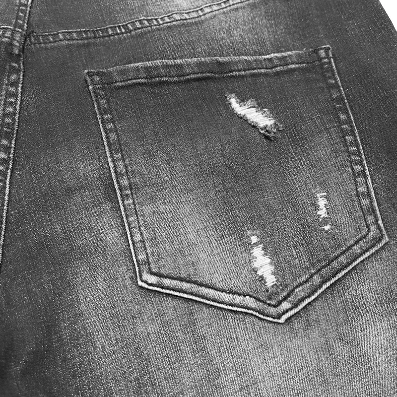 Calças Jeans Pretas Ripped Premium Personalizadas com Zíper Dourado Decorativo Corte Reto