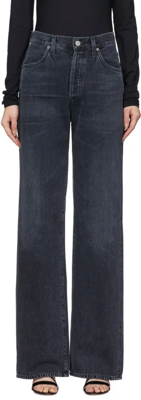 Calças de Jeans de Cintura Alta Relaxadas e Largas para Mulheres com Preto