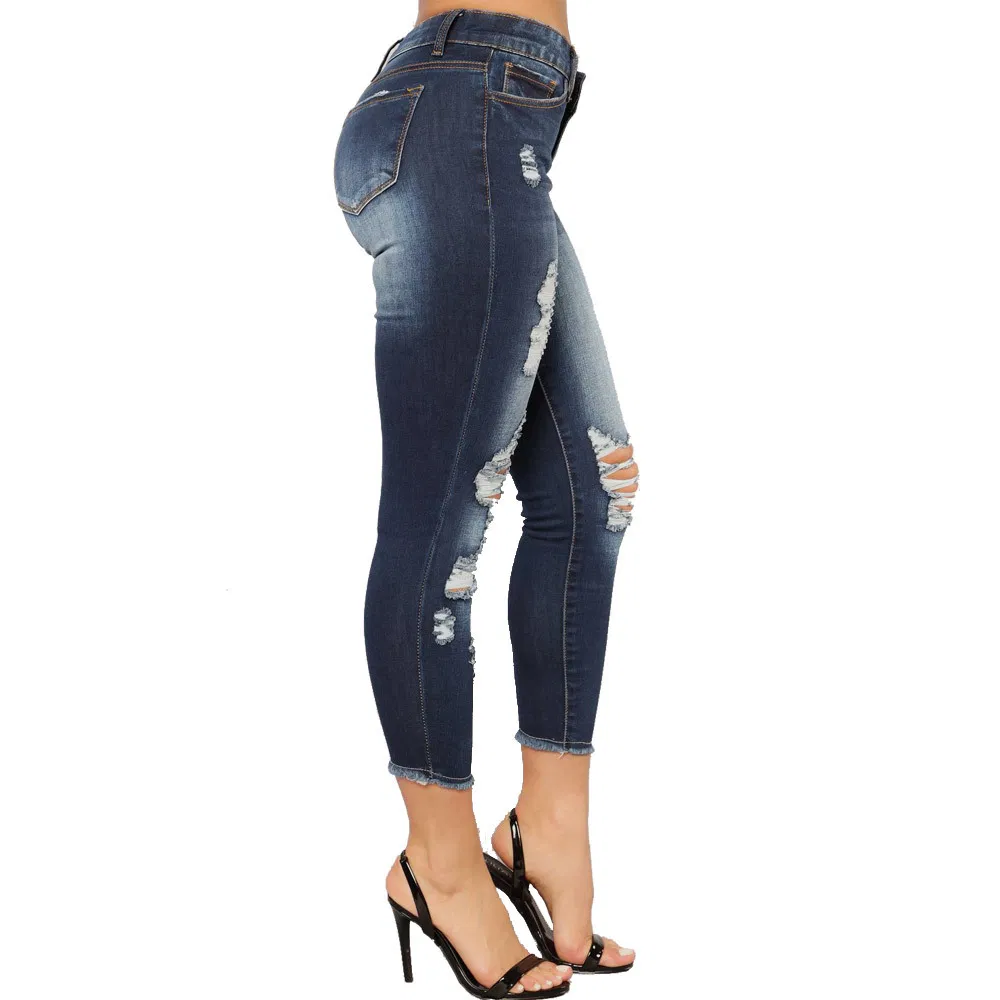 Calças cargo rasgadas femininas personalizadas, jeans slim stretch em denim