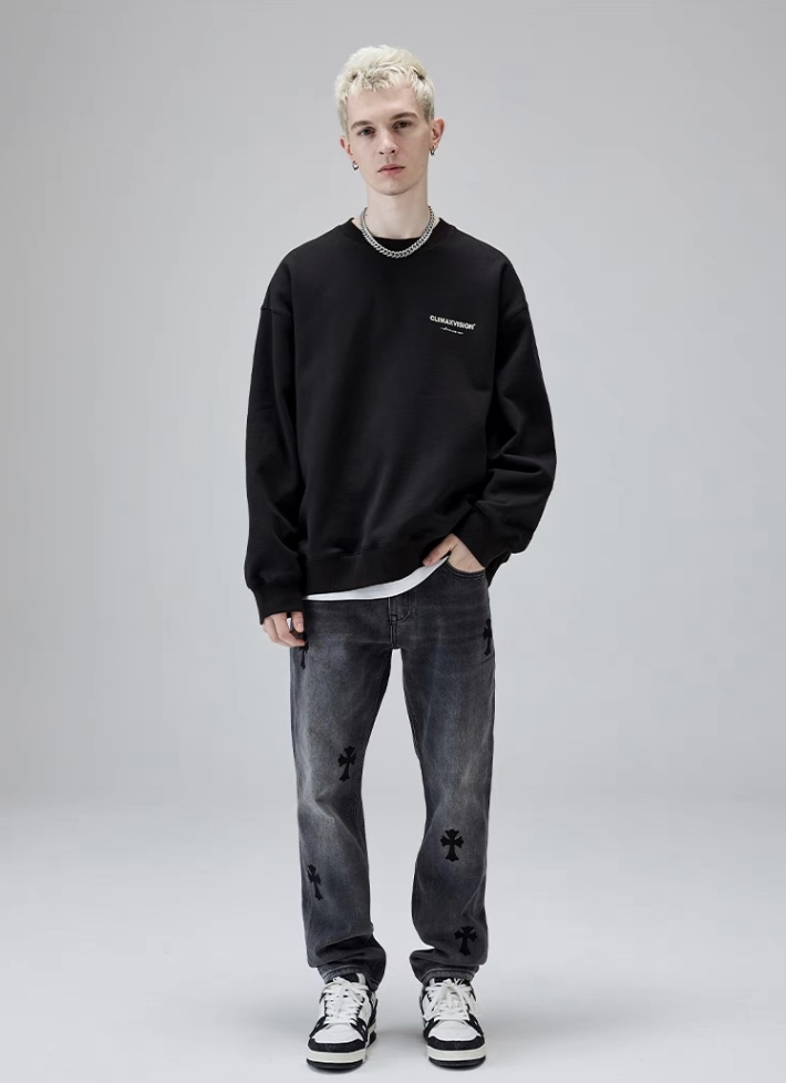Jeans de Denim com Bordado, Lavagem, Corte Reto e Relaxado para Homens